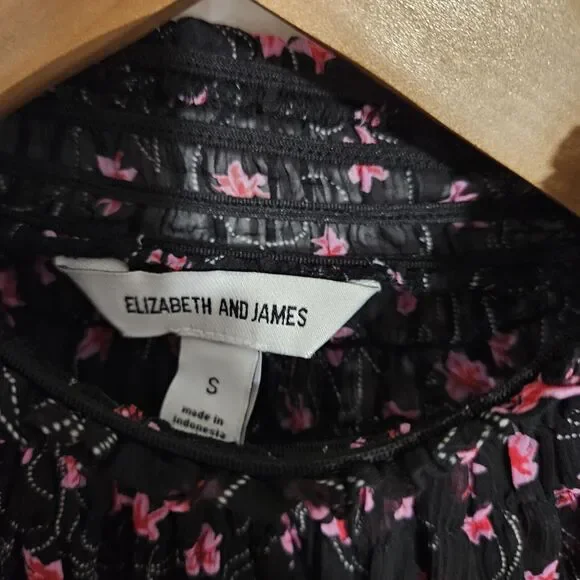 Elizabeth And James Small Long Sleeve Smocked Sheer Blouse Black W/ Pink Flowers - Picture 3 of 5